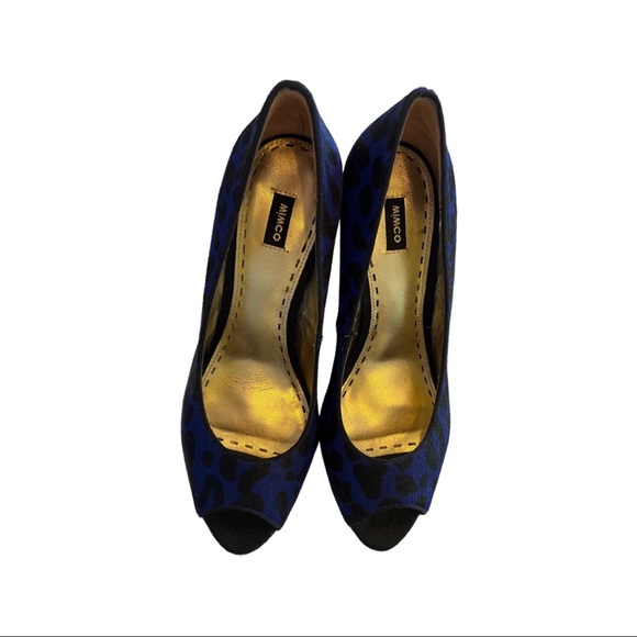Mimco royal blue and black leopard print pony hair peep toe platforms si… - Picture 2 of 9